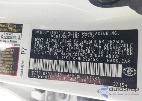 2017 Toyota Camry Se z USA, uszkodzony, nr VIN 4T1BF1FK7HU296155